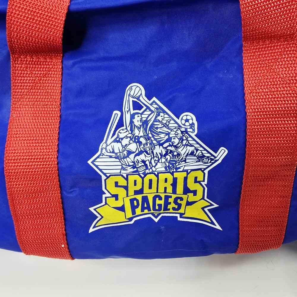 Vintage Sports Pages Duffle Bag Blue‎ Red Nylon Gym Travel Barrel Weekender 18"